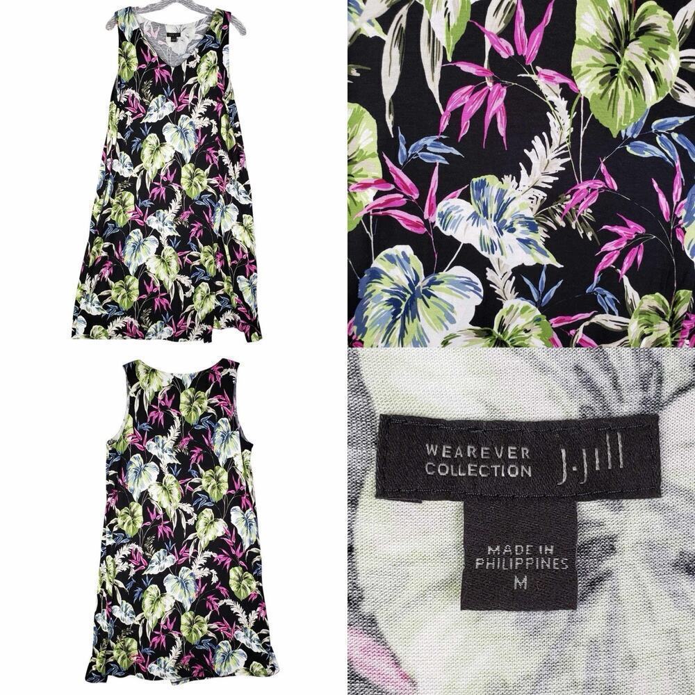 J Jill Wearever Dress Black Floral Tropical Sleeveless Women’s Size Medium M